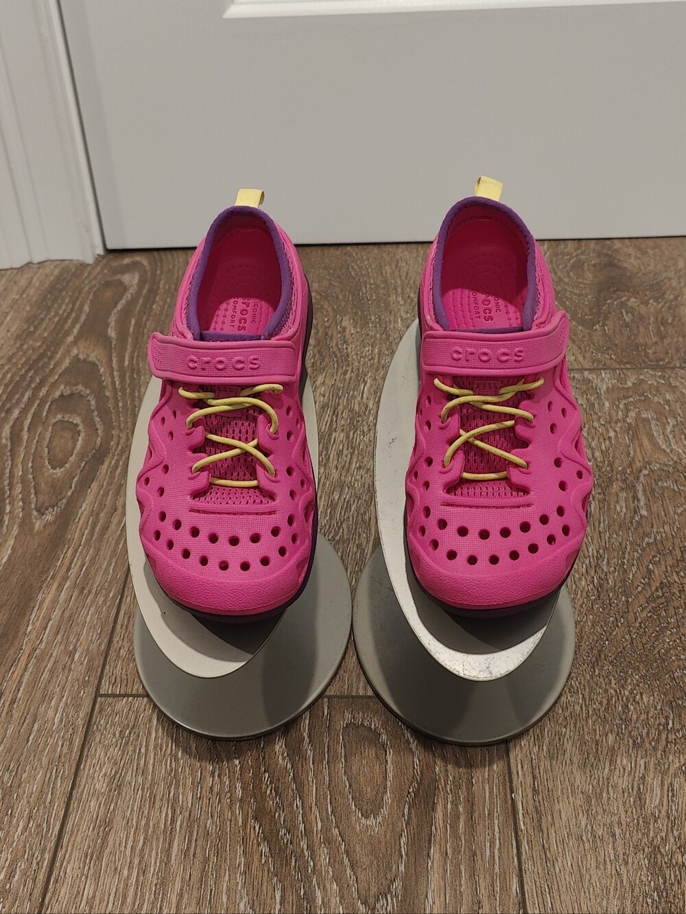 CROCS Kids Pink Water Shoes with Yellow Accents